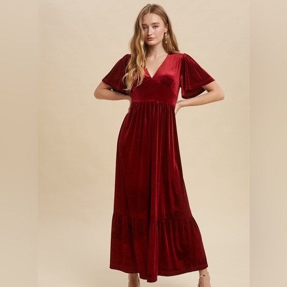 Burgundy Red Babydoll Bodice Velvet Maxi Dress - Picture 3 of 9